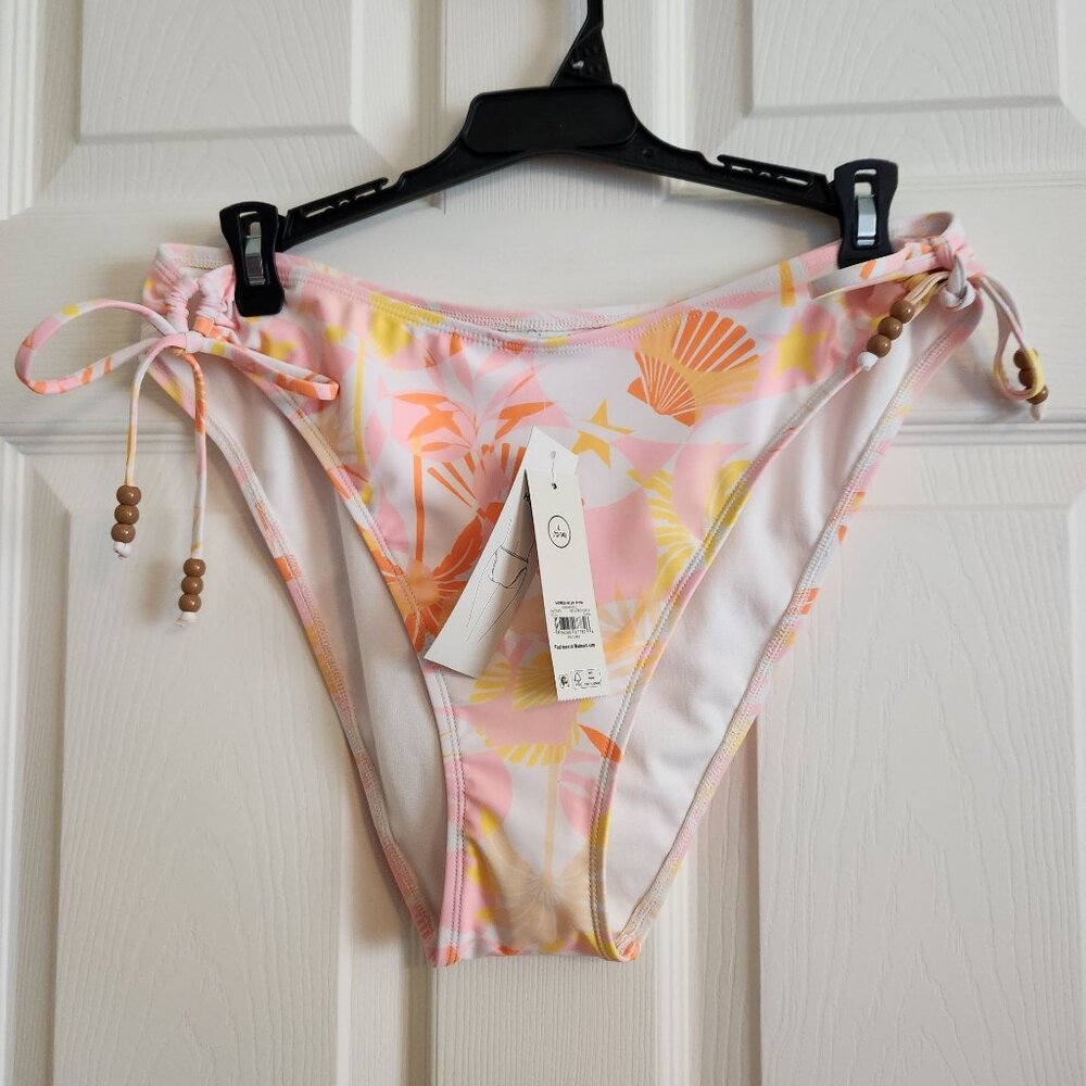 Floral High-Waisted Bikini Bottom With Adjustable Ties & Bead Accents L (12-14)